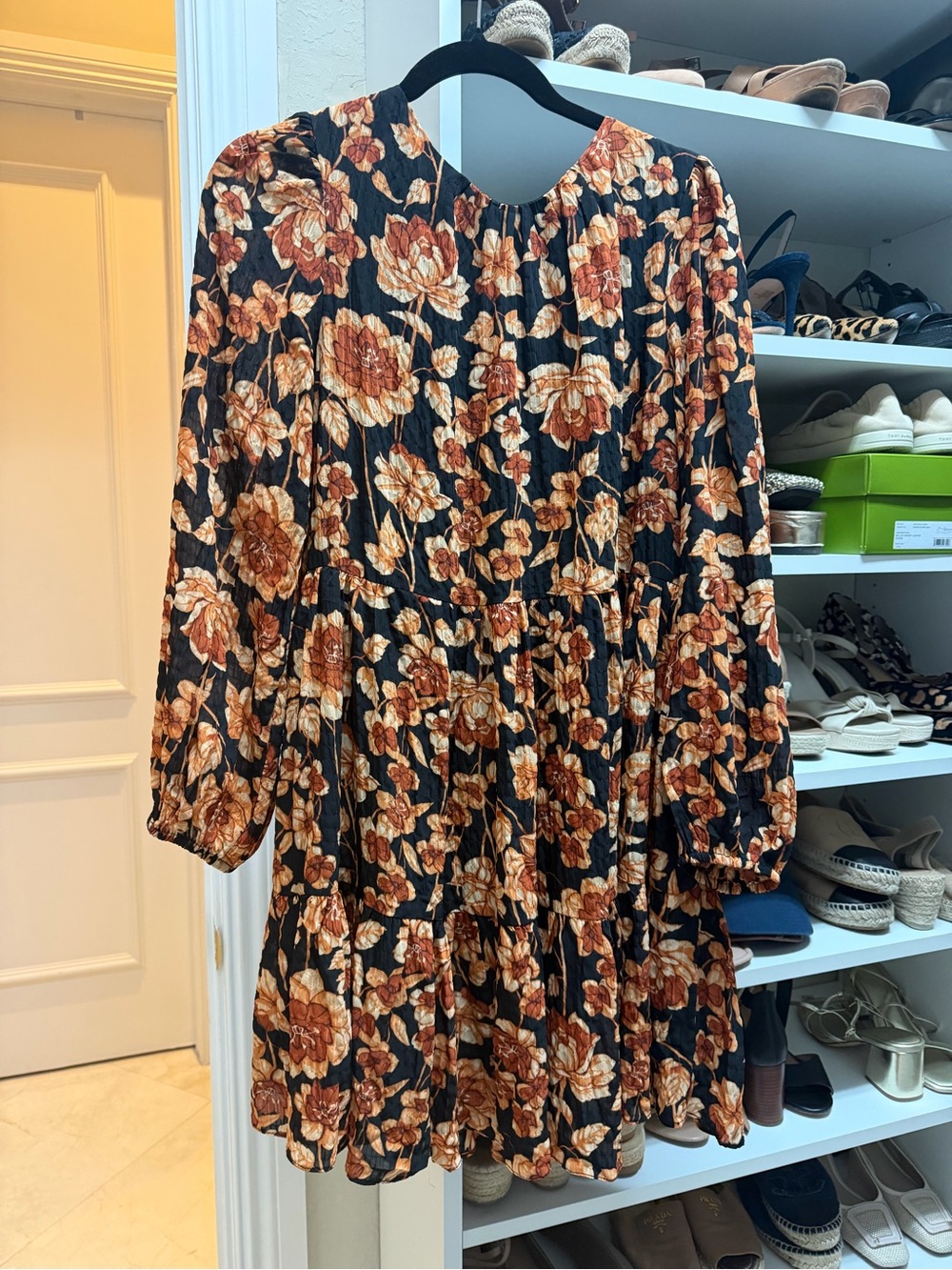 Floral Long-Sleeve Tiered Mini Dress - Black with Rust Floral.